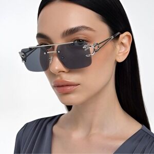 Rimless Rectangle Women Sunglasses Silver Frame Fashion Tinted Dark Black Lens
